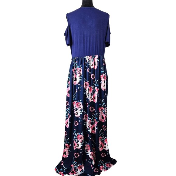 Womens Cold Shoulder Floral Maxi Dress Size XL Navy With Pink & White Boho - Picture 5 of 12